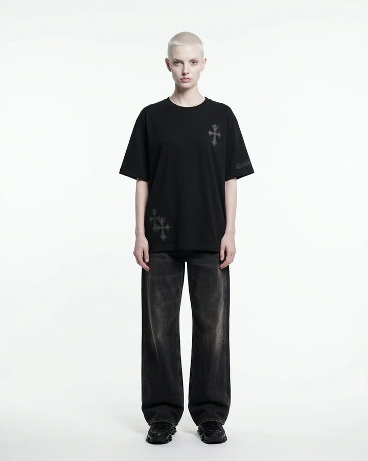 Double Cross Regular Fit Tee Black Front View — Cor Leonis Gothic Streetwear SS26