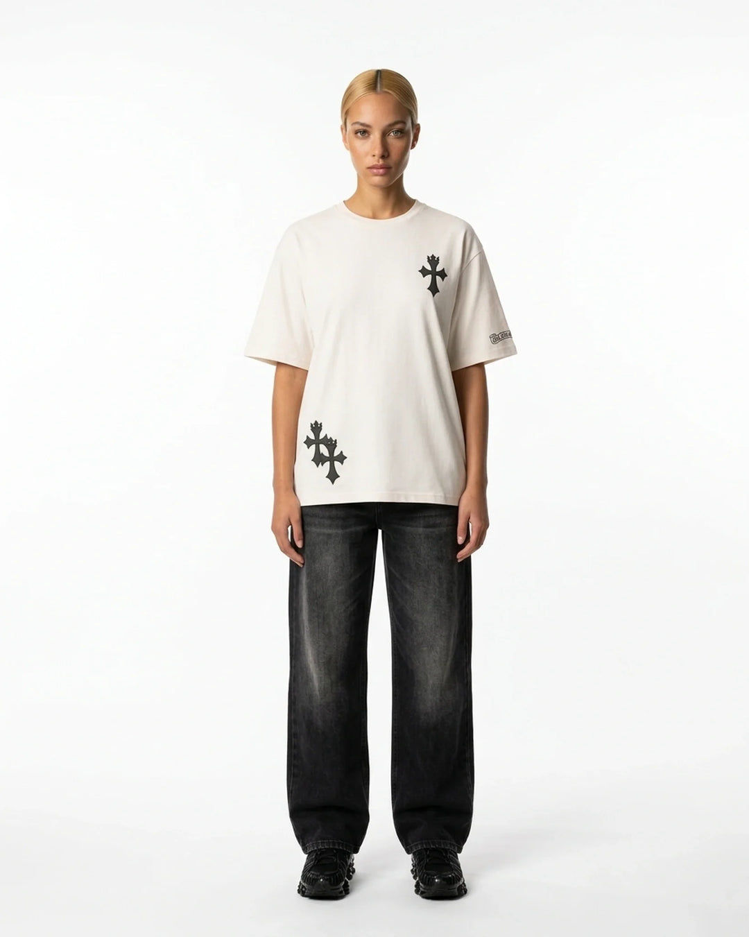 Double Cross Regular Fit Tee White Front View — Cor Leonis Gothic Streetwear SS26